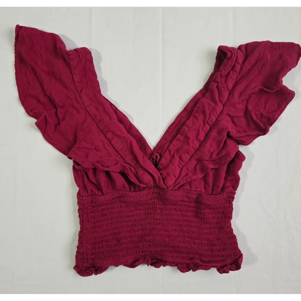Stradivarius Smocked Crop Top Pink Embroidered Ruffle V-Neck Boho Sleeveless S - Picture 10 of 16